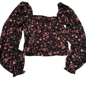 Abercrombie Fitch Black Floral Puff Sleeve Smocked Square Neck Top XXS Whisygoth